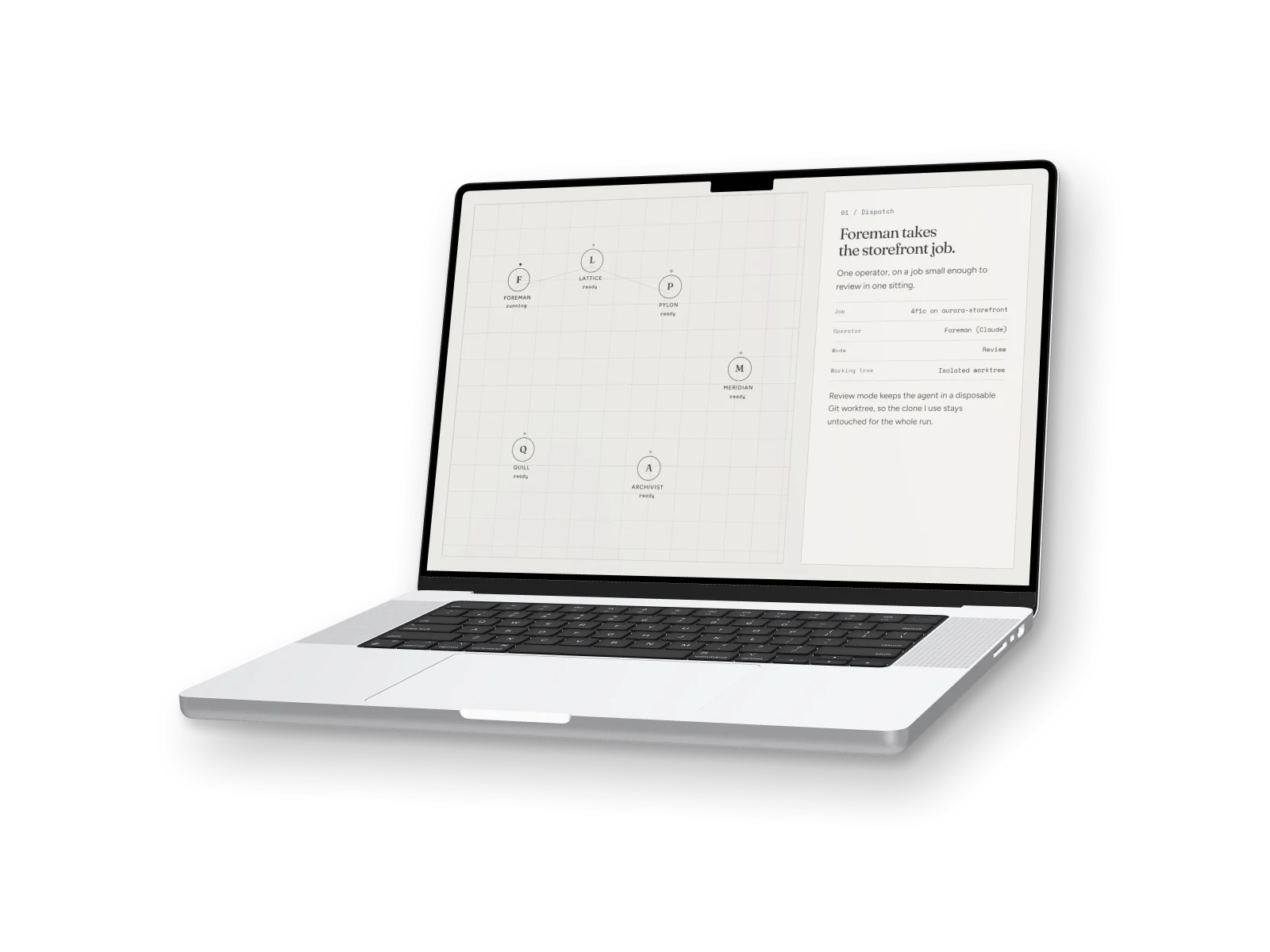 A rendered MacBook Pro showing the Hub's Agent Room, rebuilt with fabricated data: six operators on a grid, with Foreman taking the storefront job.