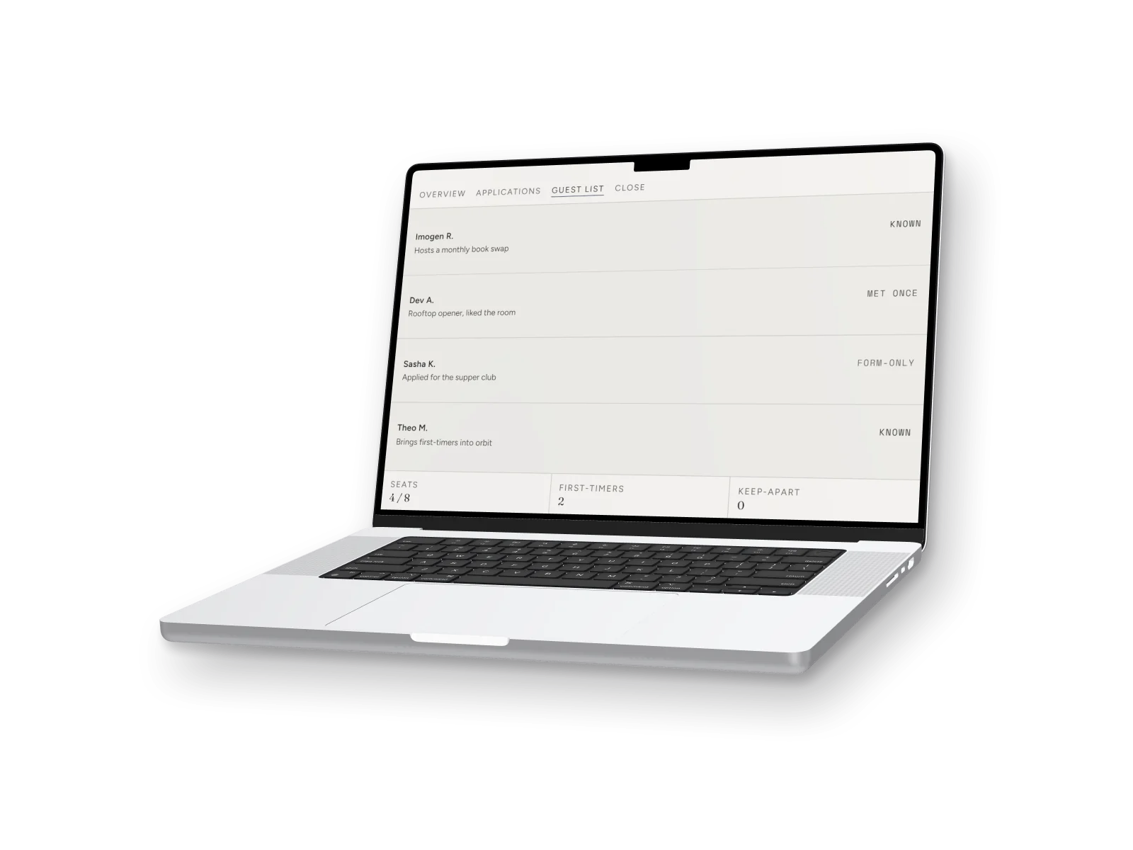 A rendered MacBook Pro showing the event workspace's guest list, rebuilt with fictional details: four guests, each marked by how well the host knows them.