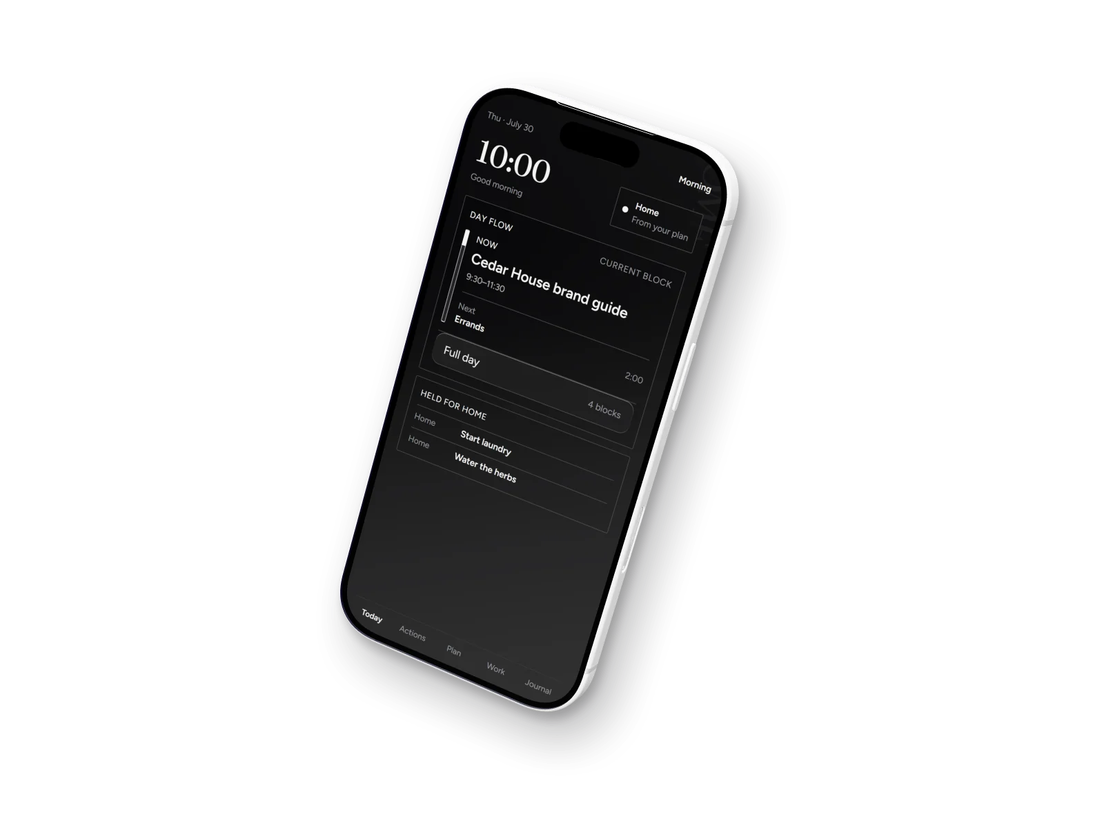 A rendered iPhone showing Lumen Daily's Today screen, rebuilt with fabricated data: the day's current block and two tasks held for home.